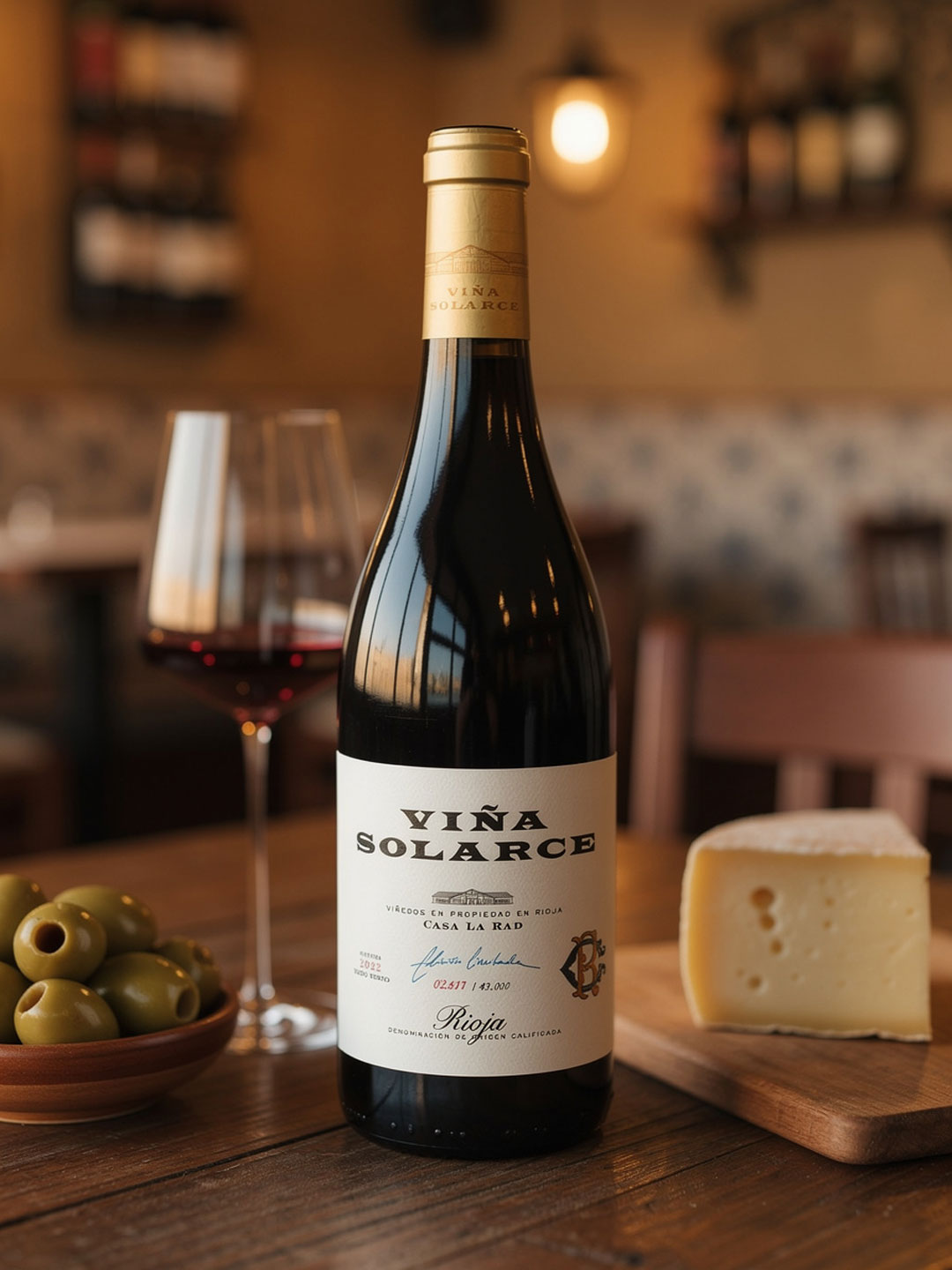 Eine Flasche Wein mit dem Etikett -Viña Solarce- steht auf einem Tisch, daneben ein Glas mit Rotwein. Auf dem Tisch liegt ein Stück Käse und eine Schale mit grünen Oliven.