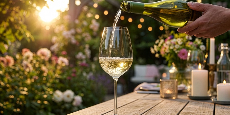 Eine Hand gießt weißen Wein aus einer Flasche in ein Glas. Im Hintergrund sind grüne Weinreben sichtbar, bei klarem Himmel und sonniger Umgebung.