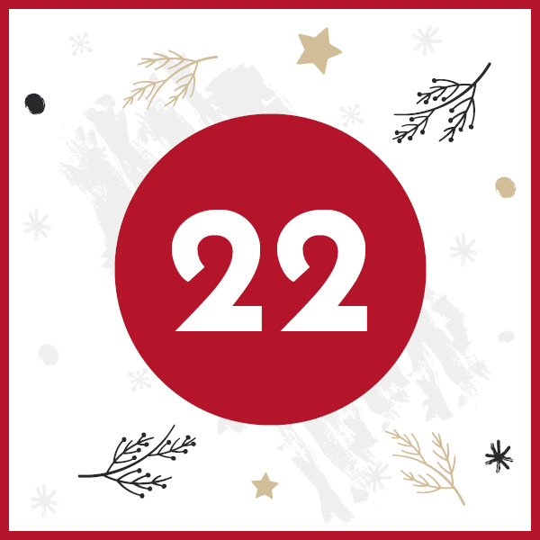 Ein roter Kreis zeigt die Nummer 22 in großer, weißer Schrift. Der Hintergrund ist dekoriert mit goldenen Sternen, schwarzen Punkten und stilisierten Zweigen auf einem hellen, texturierten Hintergrund.