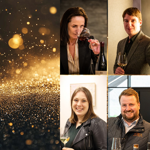 Eine glamouröse Zusammenstellung mit unterschiedlichen Personen, die Weingläser halten und genießen. Der Hintergrund zeigt goldene Funkeln, die eine festliche Atmosphäre schaffen.