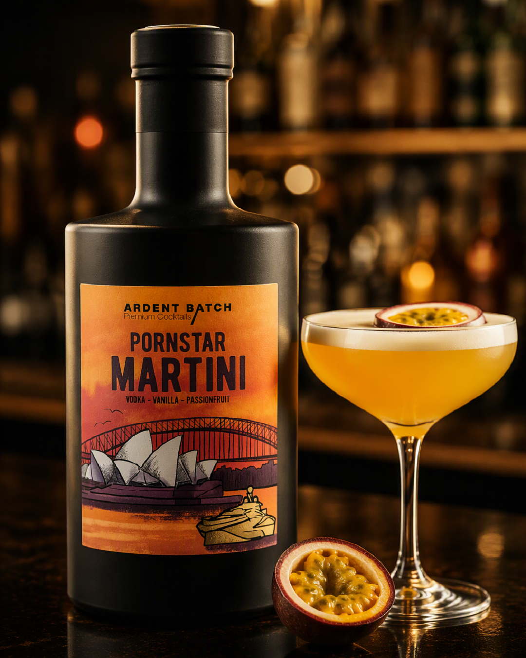Eine Flasche mit schwarzem Etikett ist im Vordergrund, sie enthält einen Cocktail namens -Pornstar Martini-. Neben der Flasche steht ein Cocktailglas mit gelber Flüssigkeit und einer halben Passionsfrucht. Im Hintergrund verschwommen Gläser und eine Bar.