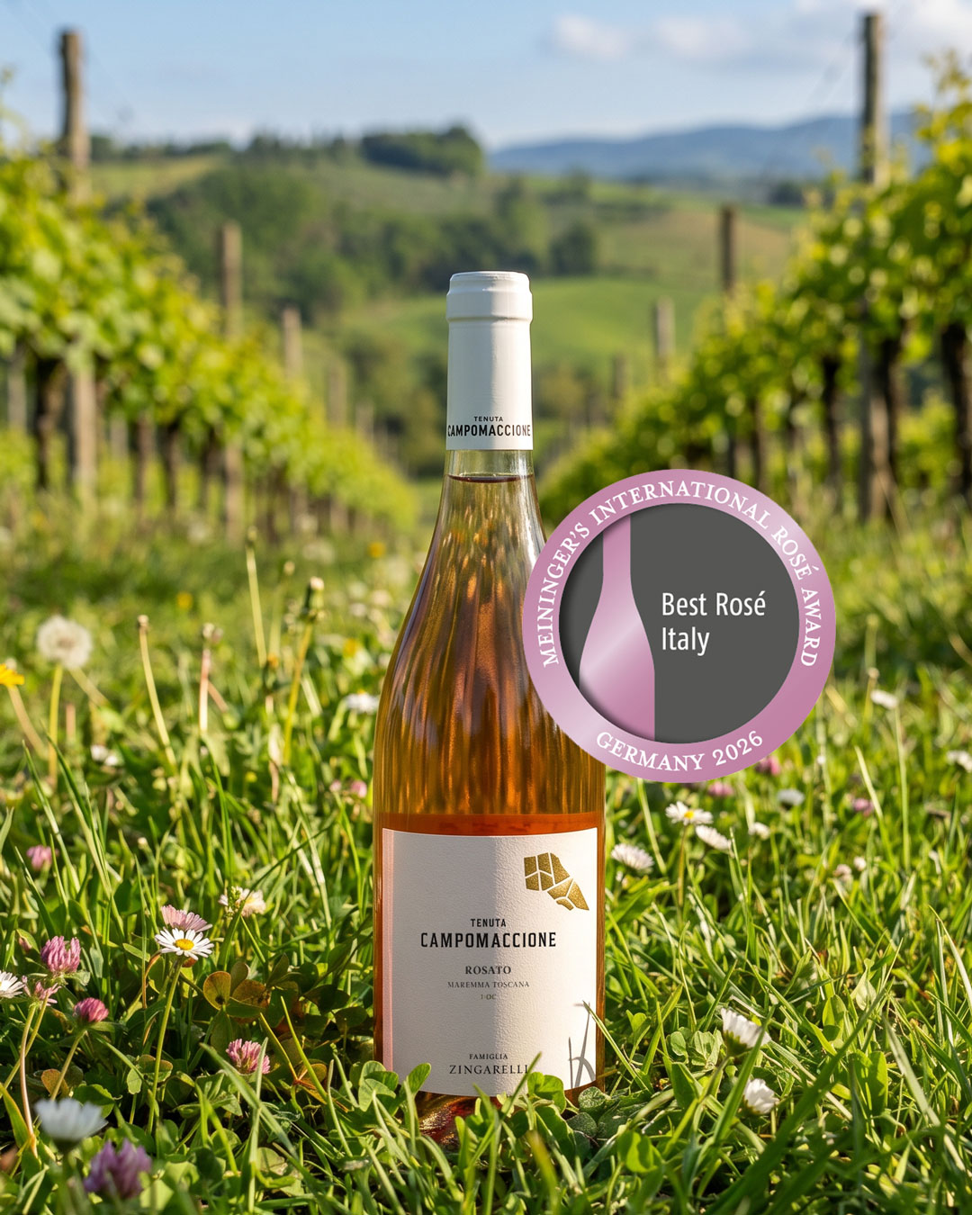 Eine Flasche Roséwein steht auf einer blühenden Wiese. Im Hintergrund sind Weinreben und sanfte Hügel zu sehen. Auf dem Etikett steht -Tenuta Campomaccione-. Ein Sticker verkündet: -Best Rosé Italy-.