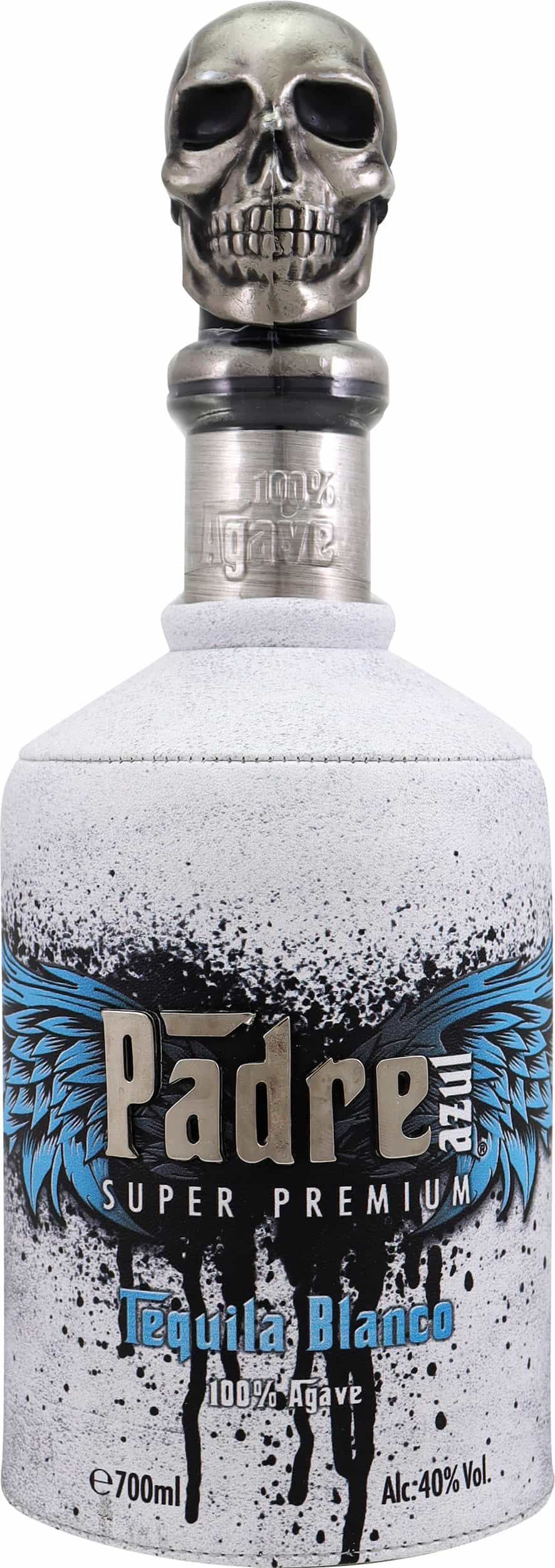 Eine Flasche Tequila mit einem kreativen Korken in Form eines Schädels. Die Flasche hat eine weiße, strukturierte Oberfläche und trägt aufgedruckte Informationen über 100% Agave und den Alkoholgehalt.