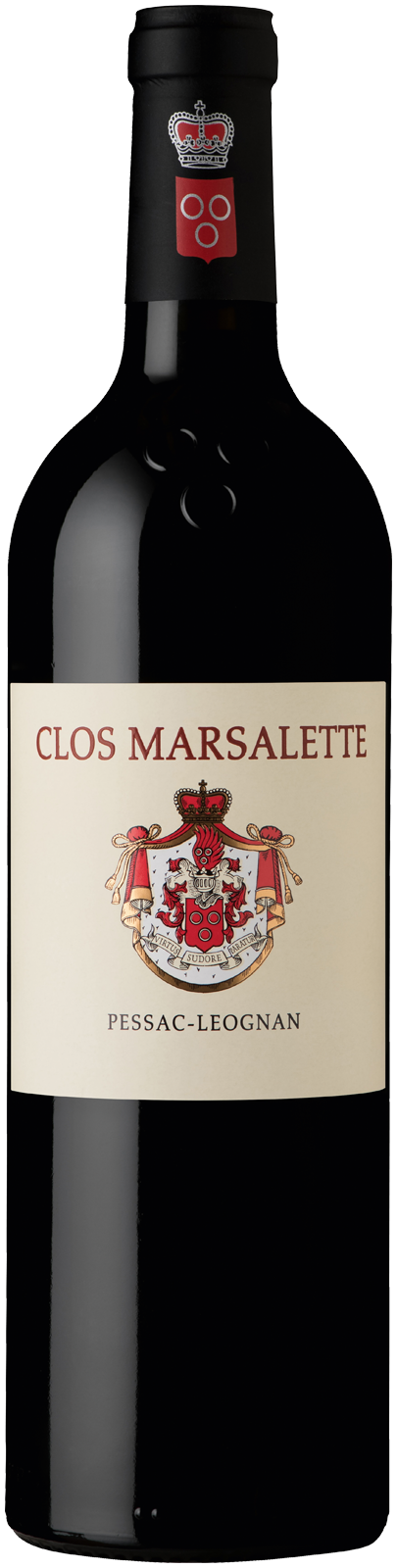 Clos Marsalette Eine elegante Weinflasche mit einem schwarzen Korken. Das Etikett zeigt den Namen -CLOS MARSALETTE- sowie ein Wappen. Die Region ist -Pessac-Leognan- angegeben.