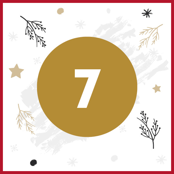 Ein goldener Kreis mit der Ziffer 7 in der Mitte, umgeben von festlichen winterlichen Motiven wie Zweigen, Sternen und schneebedeckten Ornamenten auf einem weißen Hintergrund.